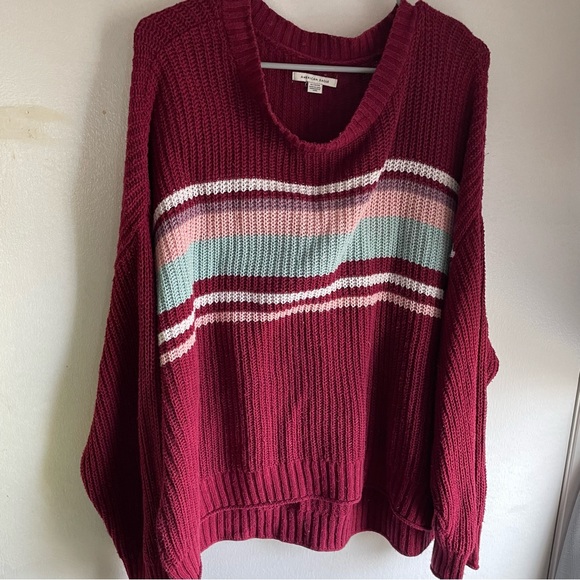 American Eagle Women’s Red Striped Cable Knit Long Sleeve Sweater Top Sz XL - Picture 2 of 5